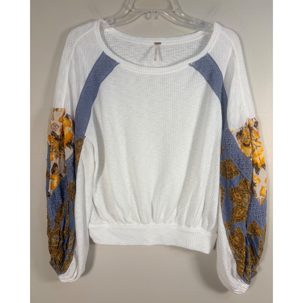 Free People Waffle knit Top XS White Excellent Mixed Media Floral Balloon Sleeve